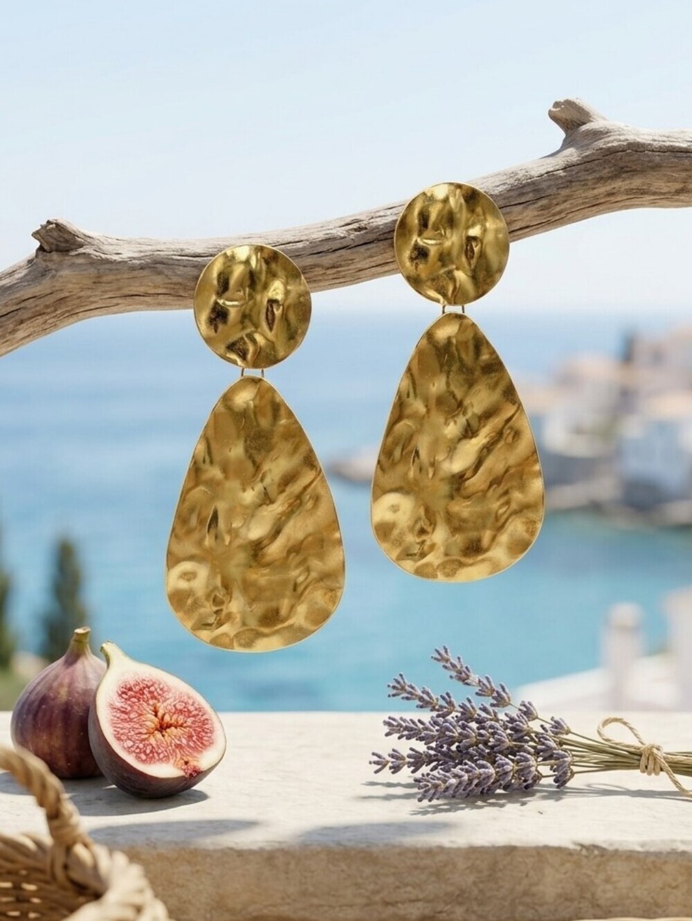 18k Gold Plated SS Hammered Teardrop Drop Earrings Bohemian Gold 2.8"